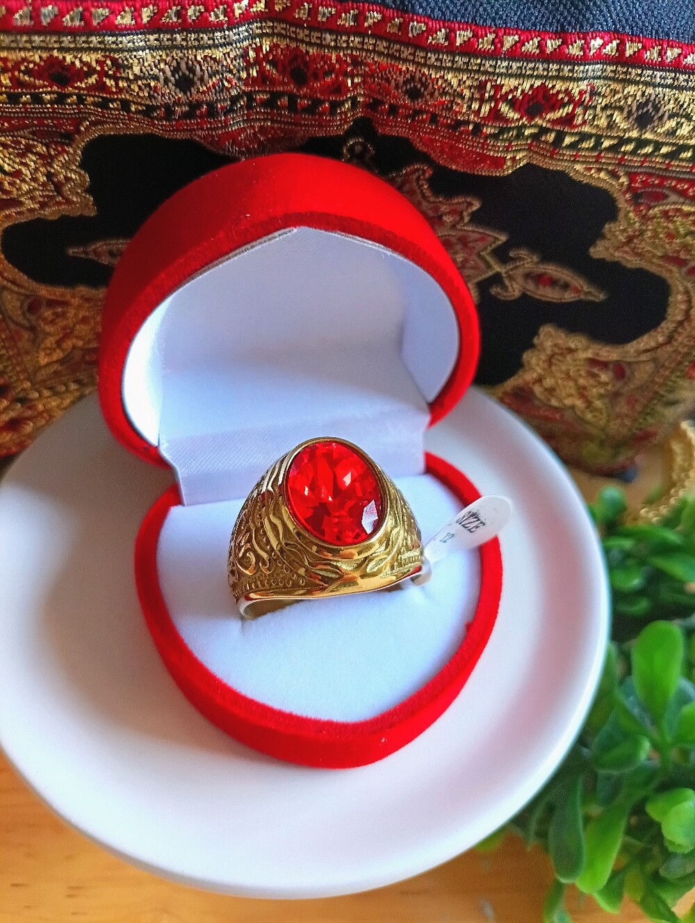 Men’s Gold Tone Red Gem Statement Ring Size 12 Arabic Style